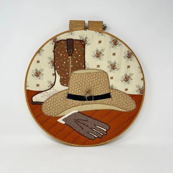Western Hat Boots Glove Quilted Embroidery 14” Wooden Hoop - Picture 1 of 7